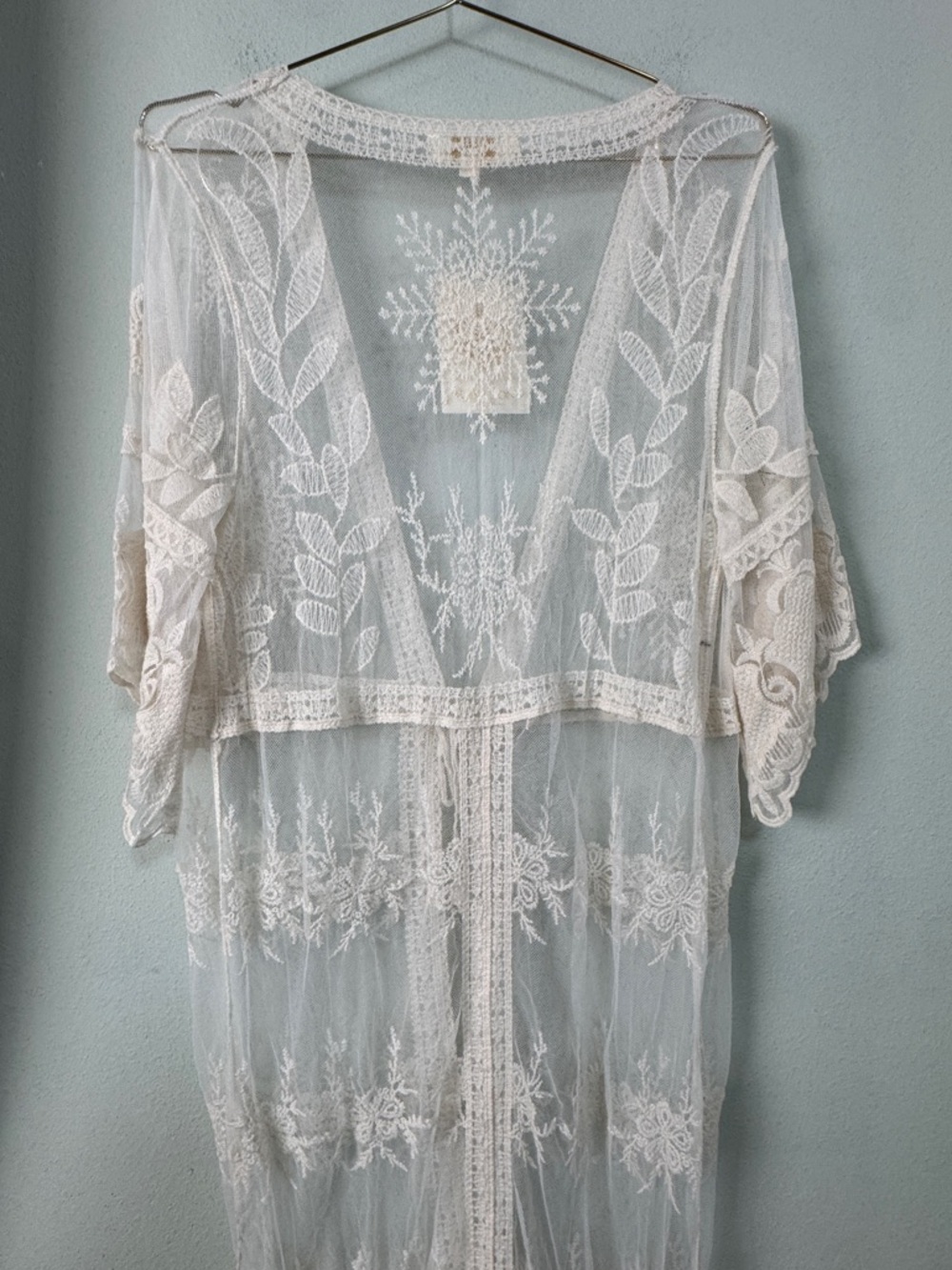Rebellion Again Crochet Lace Floral Kimono Duster Cover Up Ethereal Festival M - Picture 5 of 9